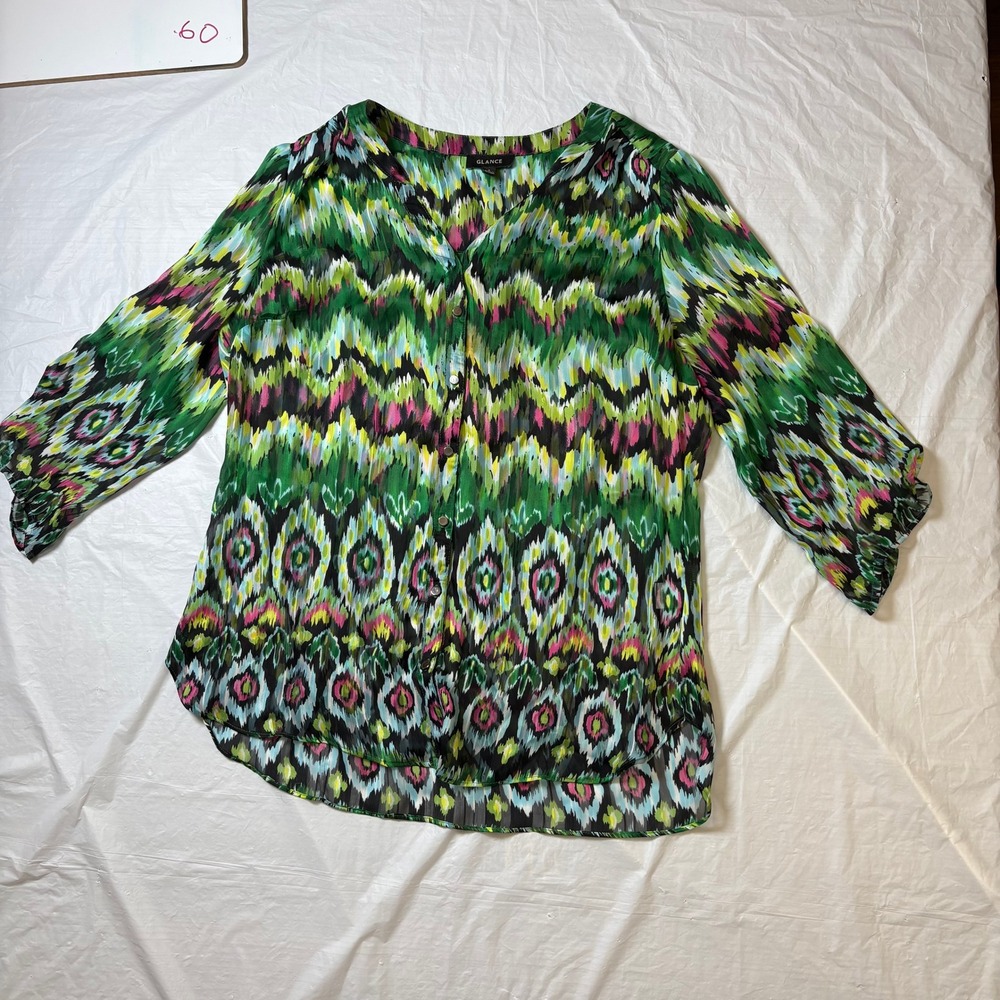 GLANCE Women's‎ Size L Green Ikat Print V Neck 3/4 Sleeve Sheer Tunic Top